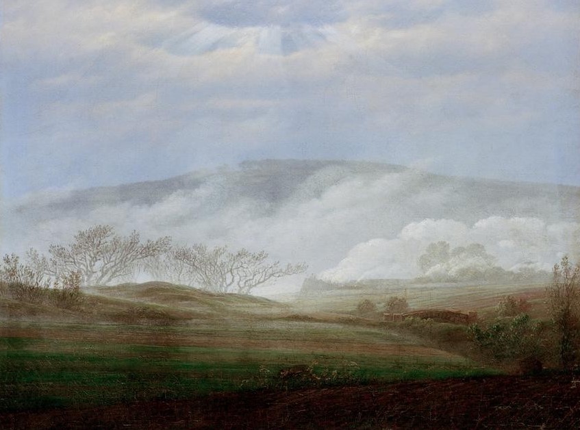 Caspar David Friedrich, Nebel im Elbtal (Deutsche Kunst,Himmel (Natur),Kunst,Landschaft,Meteorologie,Wetter,Tageszeiten,Morgen,Tal,Nebel,Romantik,Sonnenstrahlen)