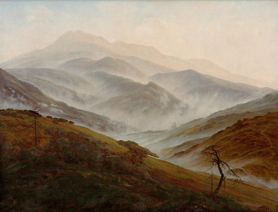 Caspar David Friedrich, Riesengebirgslandschaft mit aufsteigendem Nebel (Deutsche Kunst,Gebirge,Kunst,Landschaft,Meteorologie,Wetter,Tageszeiten,Morgen,Nebel,Romantik)