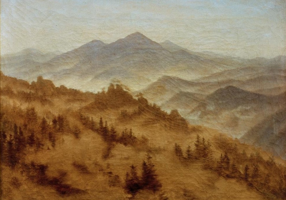 Caspar David Friedrich, Gebirgslandschaft (Deutsche Kunst,Gebirge,Kunst,Landschaft,Meteorologie,Wetter,Tageszeiten,Wald,Nadelwald,Morgen,Nebel,Romantik,Unvollendet)