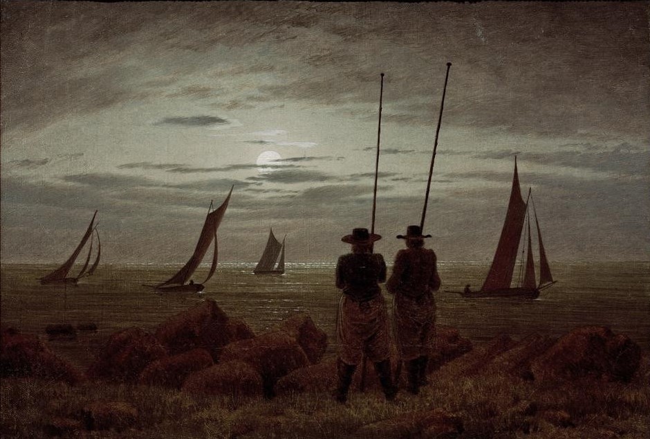 Caspar David Friedrich, Mondnacht am Strand mit Fischern (Astronomie,Boot,Deutsche Kunst,Fischer,Himmel (Natur),Küste,Kunst,Landschaft,Licht Und Beleuchtung,Mann,Mensch,Mond,Schiff,Segeln,Strand,Wolke,Fischerboot,Tageszeiten,Nacht,Meer,Segelboot,Marinemalerei,Rückenfigur,Licht,Betrachten,Vollmond,Romantik,Mondsc)