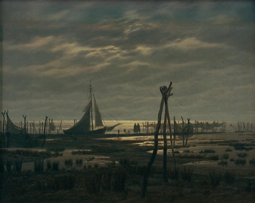 Caspar David Friedrich, Sumpfiger Strand (Boot,Deutsche Kunst,Fischerei,Himmel (Natur),Küste,Kunst,Landschaft,Meteorologie,Schiff,Strand,Wetter,Wolke,Fischerboot,Tageszeiten,Abend,Nacht,Meer,Segelboot,Netz,Reuse,Romantik,Privatsammlung,Schlechtes Wetter,Pfahl,Nimbus (Wolke),Schifffahrt)