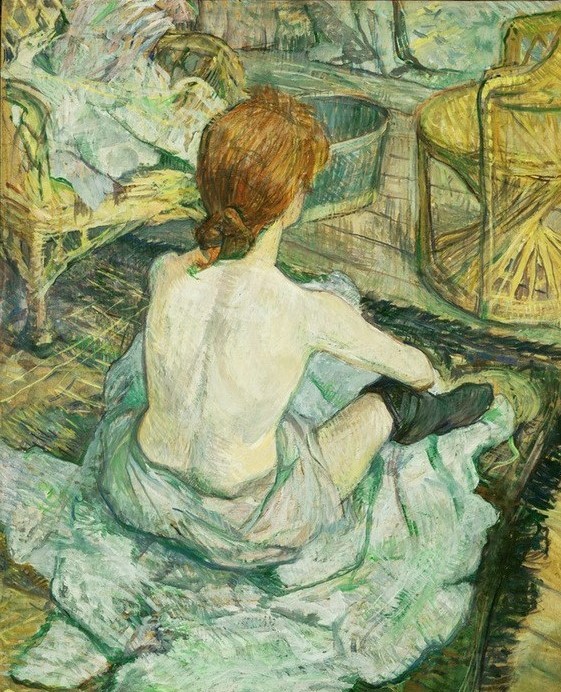 Henri de Toulouse-Lautrec, La Toilette (Erotik,Frau,Mädchen,Möbel,Textil,Toilette (Körperpflege),Tageszeiten,Morgen,Akt,Unordnung,Prostituierte,Portrait,Fussboden,Rückenfigur,Französische Kunst,Halbakt,Rücken,Rote Haare,Kleidung (Allgemein),Sessel,Stuhl,Haarknoten,Fin De Siecle,Bordell,Kopf,Sit)