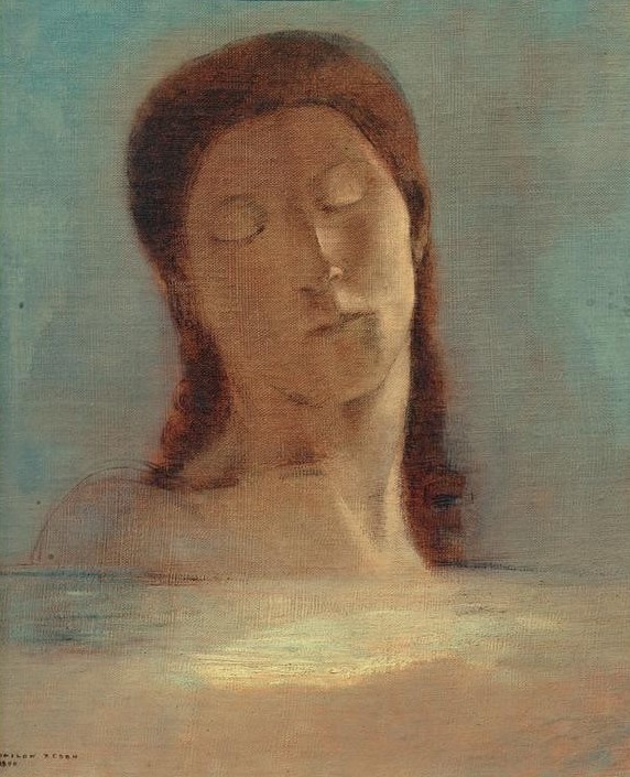 Odilon Redon, Geschlossene Augen (Bad,Frau,Kunst,Mensch,Symbolismus,Portrait,Melancholie,Augen,Französische Kunst,Kontemplation,Kopf,Gefühl (Stimmung),Geschlossene Augen,Schlafen (Schlaf),Signatur)