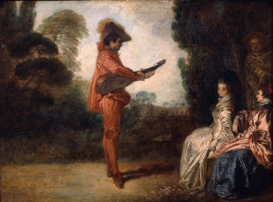 Jean-Antoine Watteau, L’Enchanteur (Fahrendes Volk,Gitarre,Konzert,Menschen Im Park,Musik,Saiteninstrument,Ständchen,Instrument,Rokoko,Liebeserklärung,Solist,Französische Kunst,Zuhören)