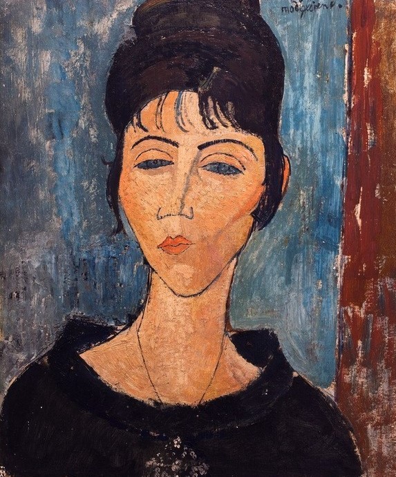 Amedeo Modigliani, Junge Frau mit Schmuckanhänger (Porträt von Béatrice Hastings) (Frau,Künstler,Kunst,Literatur,Maler (Künstler),Mensch,Frauenkunst,Geliebte,Portrait,Künstlerfrau,Italienische Kunst,Anhänger (Schmuck),Kopf,Maitresse,Brustbild,Person,Farbe)