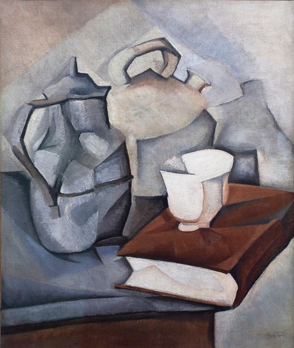 Juan Gris, Das Buch (Buch,Kanne,Kunst,Kubismus,Stillleben,Spanische Kunst,Wasserkessel,Küchenstillleben,Tasse)