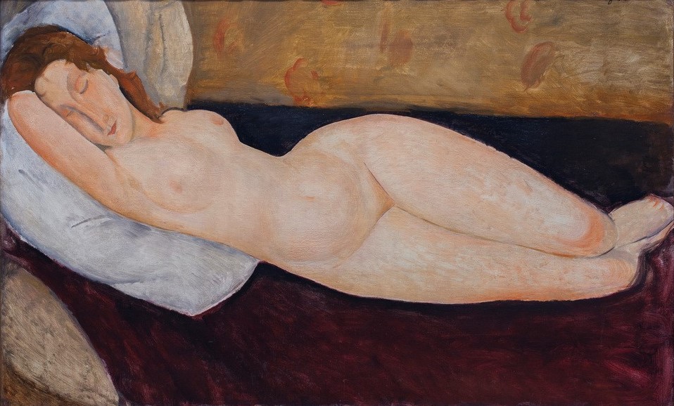 Amedeo Modigliani, Liegender Akt, Kopf auf rechtem Arm ruhend (Frau,Künstler,Kunst,Maler (Künstler),Mensch,Akt,Portrait,Italienische Kunst,Farbe)
