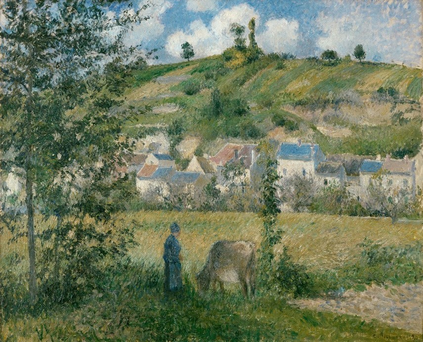 Camille Pissarro, Paysage à Chaponval (Val d’Oise) (Dorf,Kunst,Landschaft,Rind,Impressionismus,Hirte,Wiese,Bäuerin,Tal,Schule Von Barbizon,Französische Kunst,Hügel,Tierhaltung,Tier,Landwirtschaft,Schäfer)
