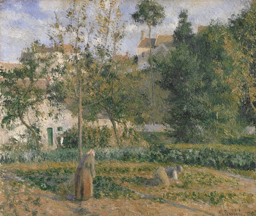 Camille Pissarro, Jardin potager à L'Hermitage, Pontoise (Kunst,Landschaft,Gemüsegarten,Impressionismus,Baum,Gartenarbeit,Schule Von Barbizon,Französische Kunst,Obstbaum,Nutzgarten,Garten)