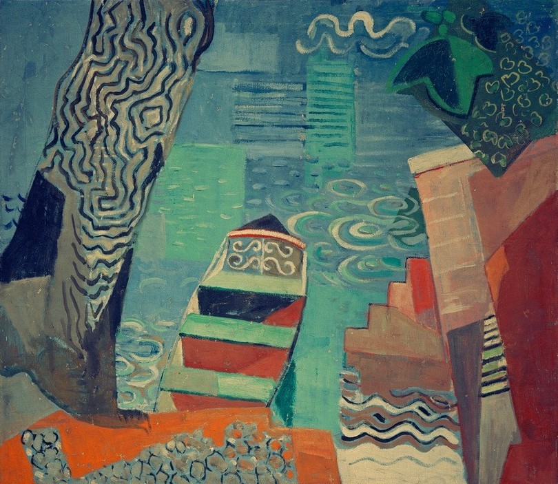 Oskar Moll, Nachen am See (Boot,Deutsche Kunst,Gewässer,Landschaft,Ruderboot,Wasser,Treppe,See,Ufer,Abstraktion,Baumstamm,)