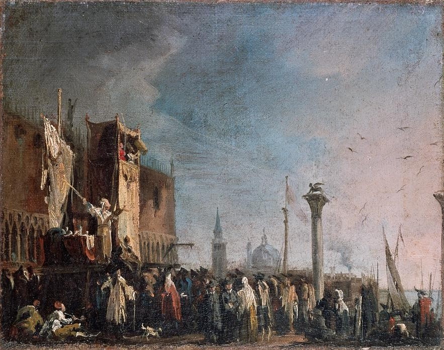 Giovanni Antonio Canaletto, Marionettentheater auf der Piazzetta in Venedig (Piazetta, Handpuppentheater, Straßenszene, Theater, Volksfest, Zuschauer, Gesellschaft, Menschen, 
Barock, Vedute, Klassiker, Wunschgröße, Wohnzimmer)