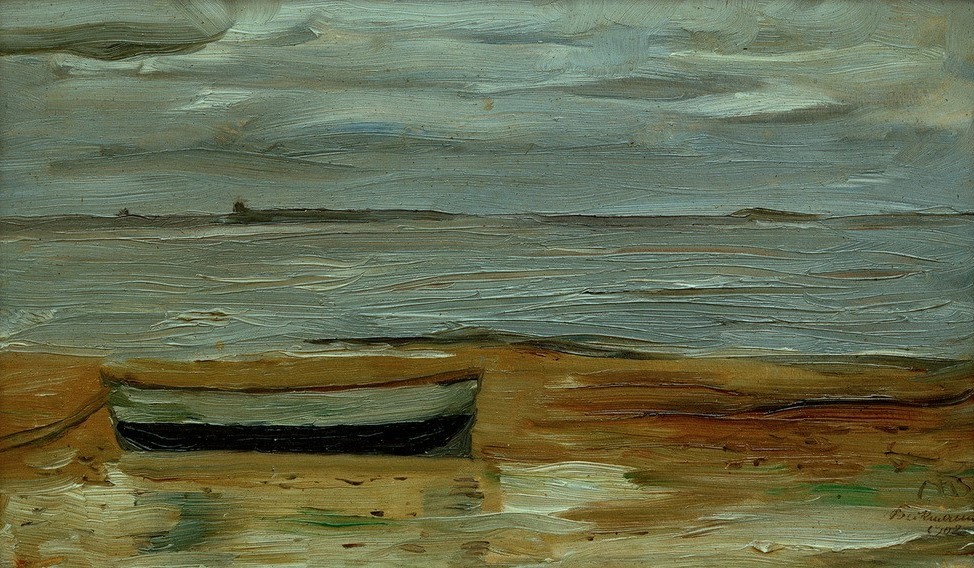 Max Beckmann, Strand mit grauem Kahn und grauem Meer (Strand, Meer, Horizont, Wolken, Einsamkeit, Boot, verlassen, Melancholie, Expressionismus, Klassische Moderne, Malerei, Wohnzimmer, Treppenhaus, Wunschgröße, bunt)