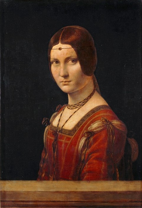 Leonardo da Vinci, La Belle Ferronière (Frau,Jugend (Lebensalter),Schmuck,Schönheit,Renaissance,Halskette,Italienische Kunst,Stolz,Teint,Junge Frau,Mittelscheitel,Brustbild,Ungeschminkt,Braune Haare,Frisur,Stirnreif)