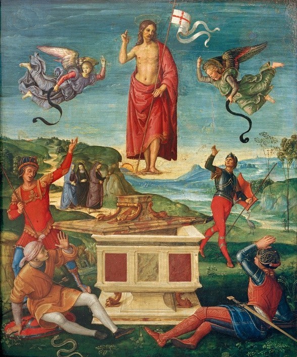 Raffael, Auferstehung Christi (Auferstehung,Christentum,Engel,Religion,Renaissance,Neues Testament,Bibel,Auferstehung Christi,Italienische Kunst,Kreuzesfahne)