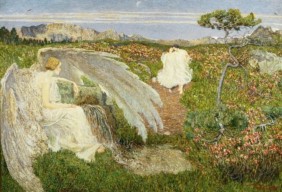 Giovanni Segantini, Die Liebe am Brunnen des Lebens (Christentum,Engel,Geburtsvorstellungen,Jugend (Lebensalter),Jugendstil,Kunst,Landschaft,Liebe,Liebespaar,Religion,Symbolismus,Allegorie,Quelle,Italienische Kunst,Fruchtbarkeit,Schweizerische Kunst,Fortpflanzung,Paradiesbrunnen,Liebe Im Freien,Jahrhundertw)