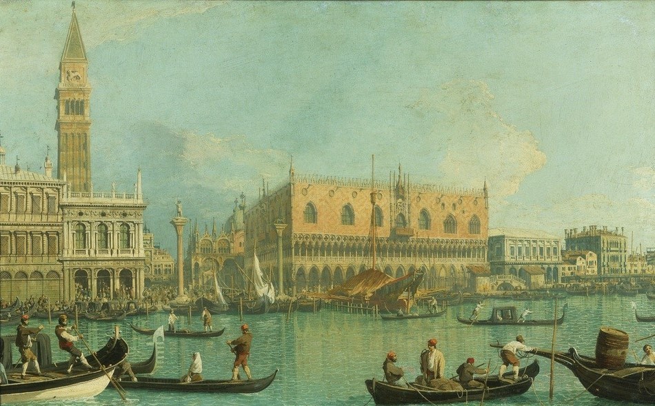 Giovanni Antonio Canaletto, Vista del Palacio Ducal (Venedig, Städte, Italien, Dogenpalast, Lagune, Campanile, Boote, Paläste, Architektur, Barock, Vedute, Klassiker, Wunschgröße, Wohnzimmer)