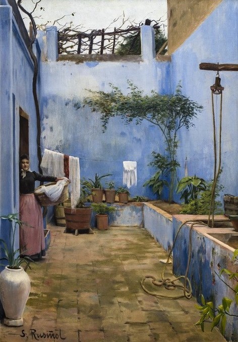 Santiago Rusinol, Der blaue Patio (Architektur,Frau,Kunst,Hof,Spanische Kunst,Blau,Katalanische Kunst,Lichthof,Patio)