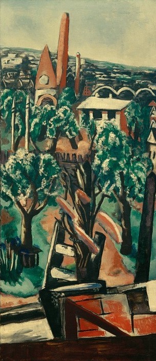 Max Beckmann, Neubau (Baustelle, Vogelperspektive, Städte, Gebäude,  Expressionismus, Klassische Moderne, Malerei, Wohnzimmer, Treppenhaus, Wunschgröße, bunt)
