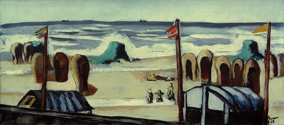 Max Beckmann, Grauer Strand (Strand, Meer, Strandhütten, Strandkörbe, Horizont, Urlaub, Meeresbrise, Expressionismus, Klassische Moderne, Malerei, Wohnzimmer, Treppenhaus, Wunschgröße, bunt)