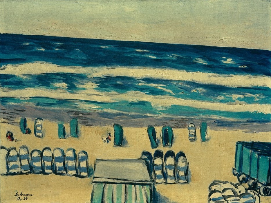 Max Beckmann, Blaues Meer mit Strandkörben (Strand, Meer, Strandkörbe,  Horizont, Urlaub, Meeresbrise, Expressionismus, Klassische Moderne, Malerei, Wohnzimmer, Treppenhaus, Wunschgröße, bunt)