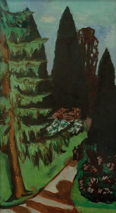 Max Beckmann, Eyckenstein-Zypressen (Park, Bäume, Zypressen, Parkweg, Expressionismus, Klassische Moderne, Malerei, Wohnzimmer, Treppenhaus, Wunschgröße, bunt)