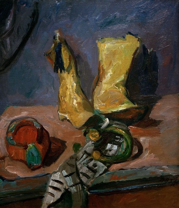 Max Beckmann, Stillleben mit gelben Stiefeln (Stillleben, Expressionismus, Klassische Moderne, Malerei, Wohnzimmer, Esszimmer, Treppenhaus, Wunschgröße, bunt)