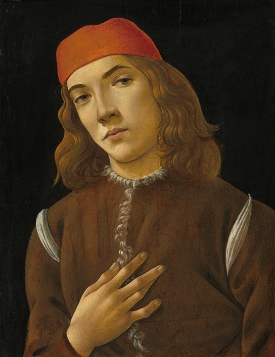Sandro Botticelli, Portrait of a Youth (Gesicht, Portrait, junger Mann, rote Kappe, Bildnis, Treppenhaus, Wohnzimmer,  Detail, Wunschgröße, Klassiker,  bunt)
