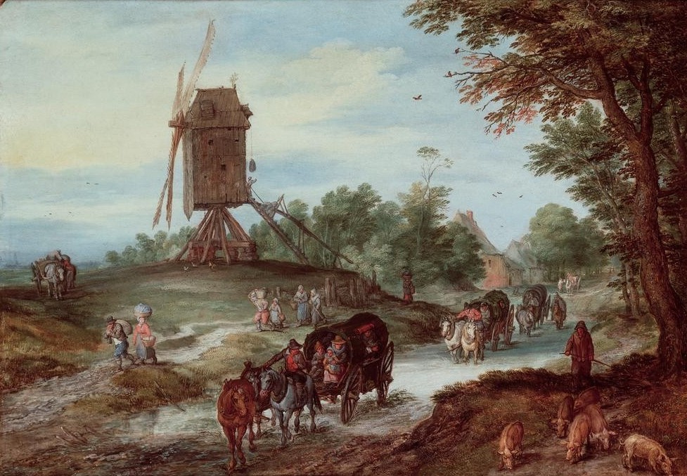 Jan Brueghel der Ältere, Die überschwemmte Landstraße (Flämische Kunst,Kutsche,Landstrasse,Landschaft,Mühle,Pferdefuhrwerk,Pferdewagen,Schwein,Strasse (Allgemein),Verkehr,Volkskunde,Windmühle,Reise,Überschwemmung,Viehtrieb,Niederländische Kunst,Personentransport,Landleben,Strasse (Unbefestigt),Schweinehirt,La)