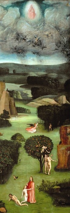 Hieronymus Bosch, Das Paradies (Landschaft,Religion,Altar,Vertreibung,Renaissance,Altes Testament,Akt,Vertreibung Aus Dem Paradies,Sündenfall,Triptychon,Bibel,Baum,Erschaffung Evas,Paradies,Gottvater,Versuchung,Niederländische Kunst,Genesis,Engelsturz,Jüdisch-Christlich)