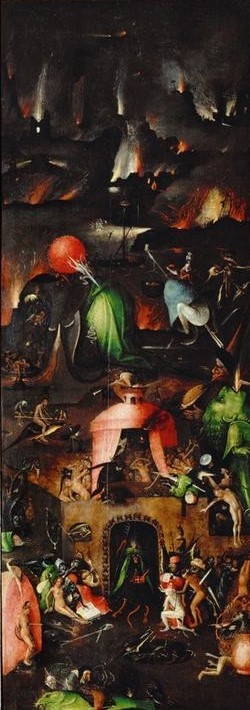 Hieronymus Bosch, Die Hölle (Christentum,Feuer,Religion,Altar,Nacht,Renaissance,Triptychon,Dämon,Neues Testament,Bibel,Antichrist,Teufel,Jüngstes Gericht,Verdammte,Hölle,Phantastische Kunst,Apokalypse,Niederländische Kunst,Weltuntergang,Totenreich,Jenseitsvorstellungen,Höllenstrafe,U)