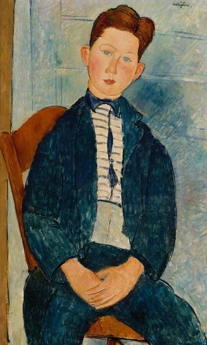 Amedeo Modigliani, Junge in einem gestreiften Pullover (Portrait,Knabe,Pullover,Stuhl,Jacke)