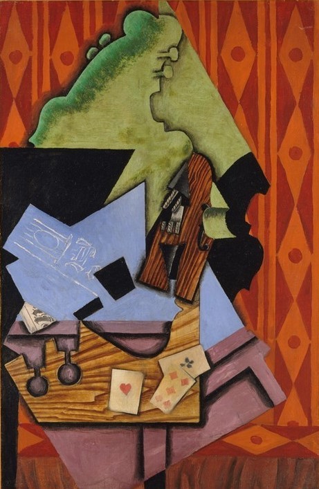 Juan Gris, Violine und Spielkarten auf einem Tisch (Geige,Instrument,Tisch,Stillleben,Spielkarten,Farben,Formen,Muster)