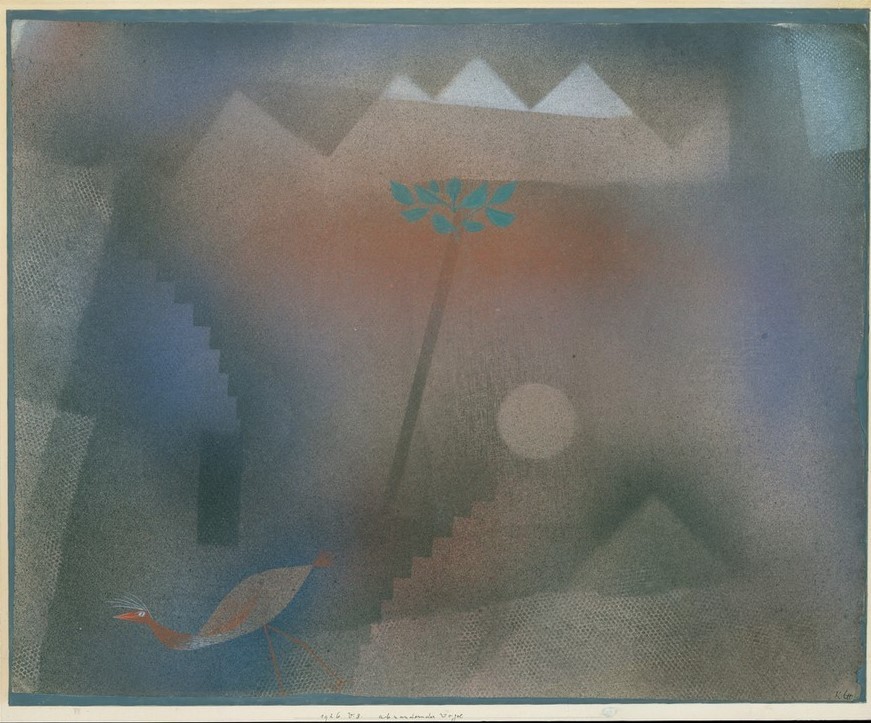 Paul Klee, Vogel wandert aus (Himmel (Natur),Landschaft,Vogel,Wandervogel,Baum,Berg,Farben,Formen,Muster)
