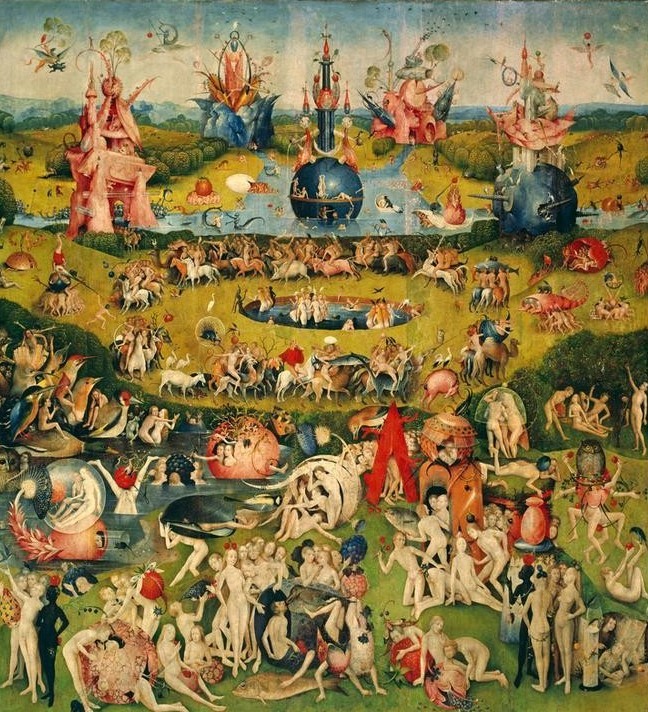 Hieronymus Bosch, Der Garten der Lüste (Christentum,Erdbeere,Erotik,Eule,Laster,Liebespaar,Teilansicht,See,Begierde,Altes Testament,Allegorie,Triptychon,Bibel,Liebesgarten,Hölle,Niederländische Kunst,Mystik,Nacktheit,Sexualität,Paar,Perversion,Weltbild,Lust,Berühmte Kunstwerke,Luftblase,Mittelt)