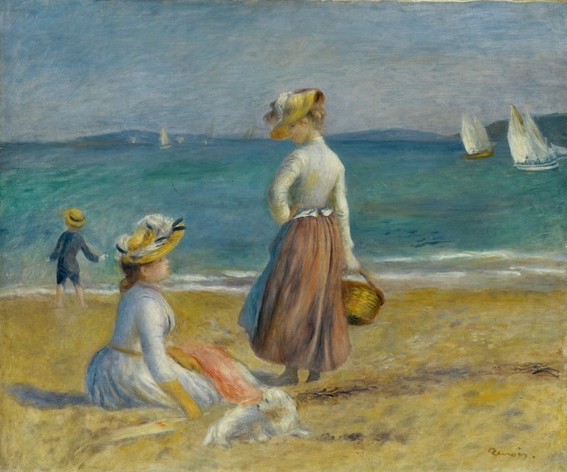 Pierre-Auguste Renoir, Figuren am Strand (Frau,Kind,Strand,Meer,Segelboot,Hut,Korb,Sandstrand)