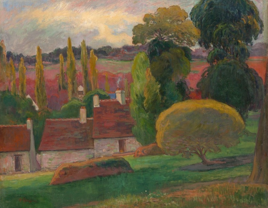 Paul Gauguin, Bauernhof in der Bretagne (Bauernhof, Häuser, Frankreich, Landschaft, Bäume, Wunschgröße, Klassische Moderne, Impressionismus, Malerei,  Wohnzimmer,  bunt)