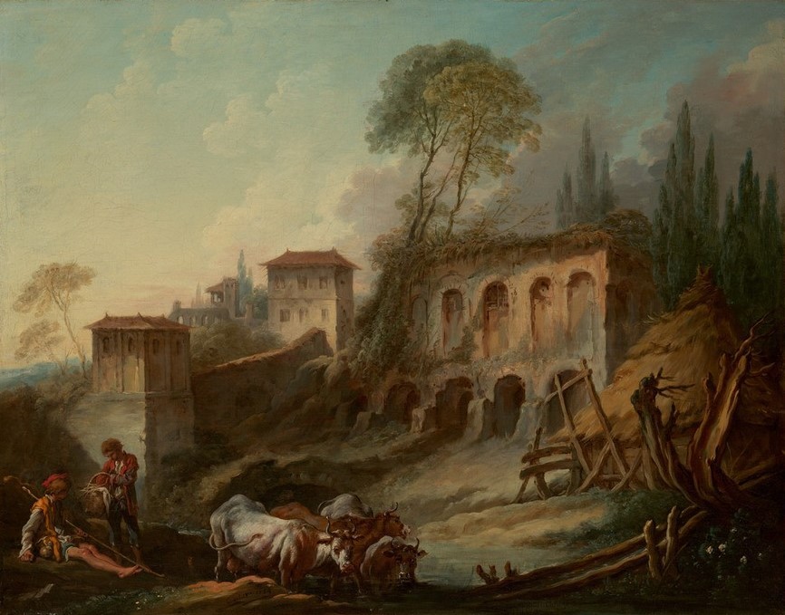 Francois Boucher, Imaginäre Landschaft mit dem Palatin vom Campo Vaccino (Rom, Hügel, Palatin, Kuhweide, Pahantasielandschaft, Hirte, Ideale Landschaft, Vieh, Kühe, Rokoko, Klassiker, Wunschgröße, Wohnzimmer, Malerei, bunt)