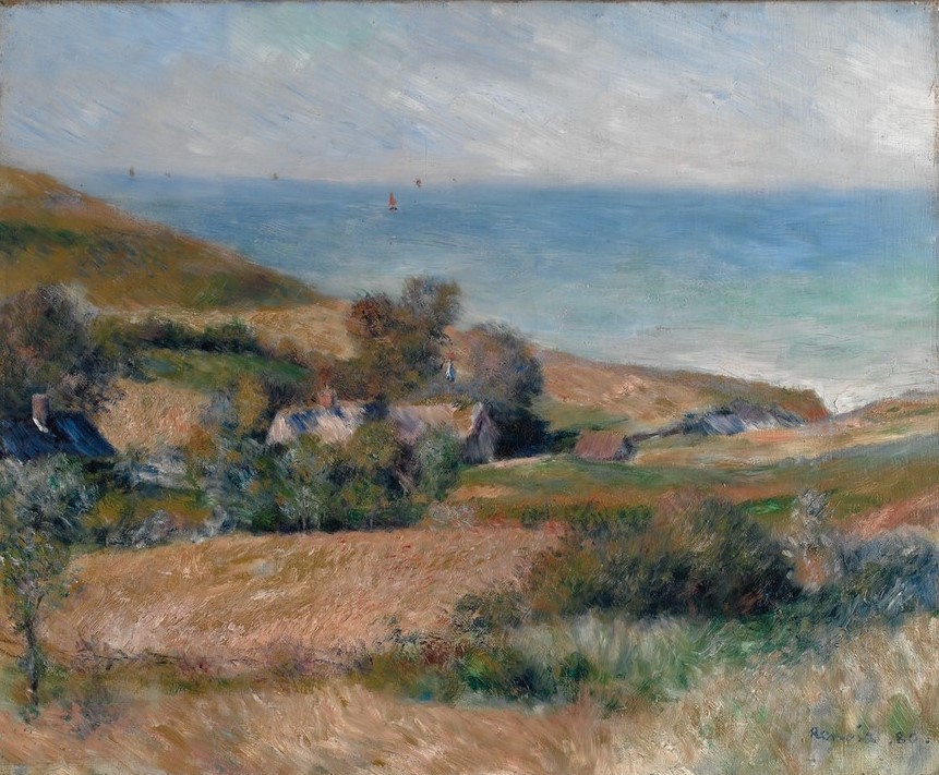Pierre-Auguste Renoir, Blick auf die Seeküste nahe Wargemont in der Normandie (Haus,Küste,Landschaft,Meer,Segelboot)