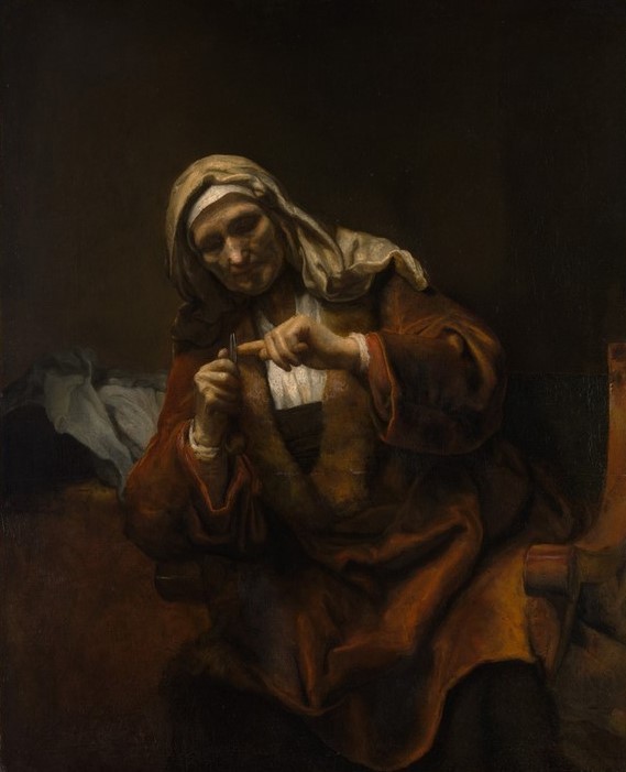 Rembrandt Harmenszoon van Rijn, Alte Frau, die ihre Nägel schneidet (Schneiden,Fingernägel,Alte Frau)