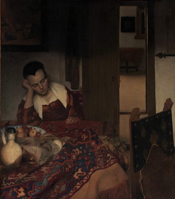Jan Vermeer, Schlafende Magd (Frau,Tisch,Interieur,Magd,Stuhl,Schlafen (Schlaf),Im Sitzen Schlafen)