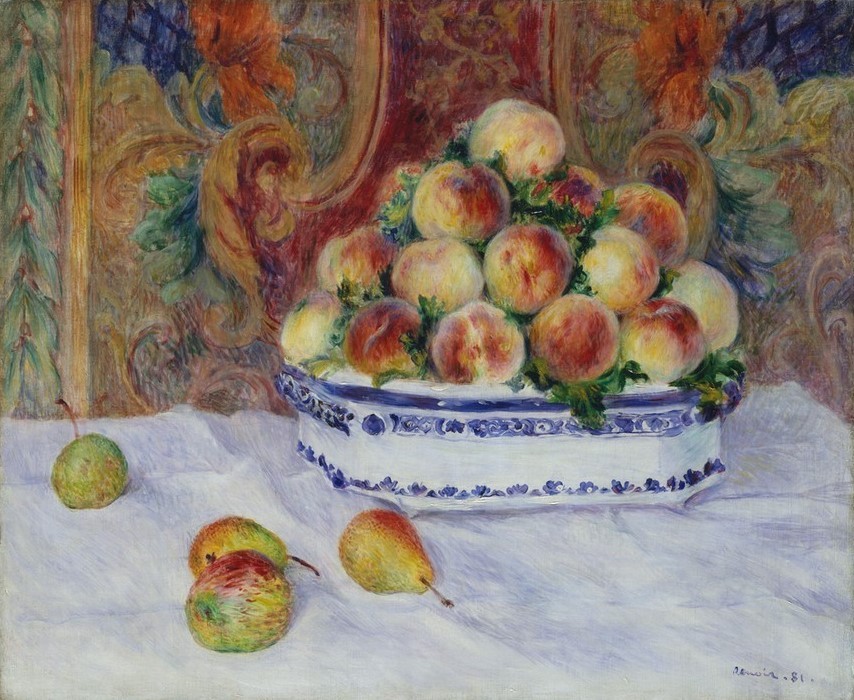 Pierre-Auguste Renoir, Stillleben mit Pfirsichen (Tapete,Stillleben,Tischtuch,Pfirsich,Obstschale,Birne)
