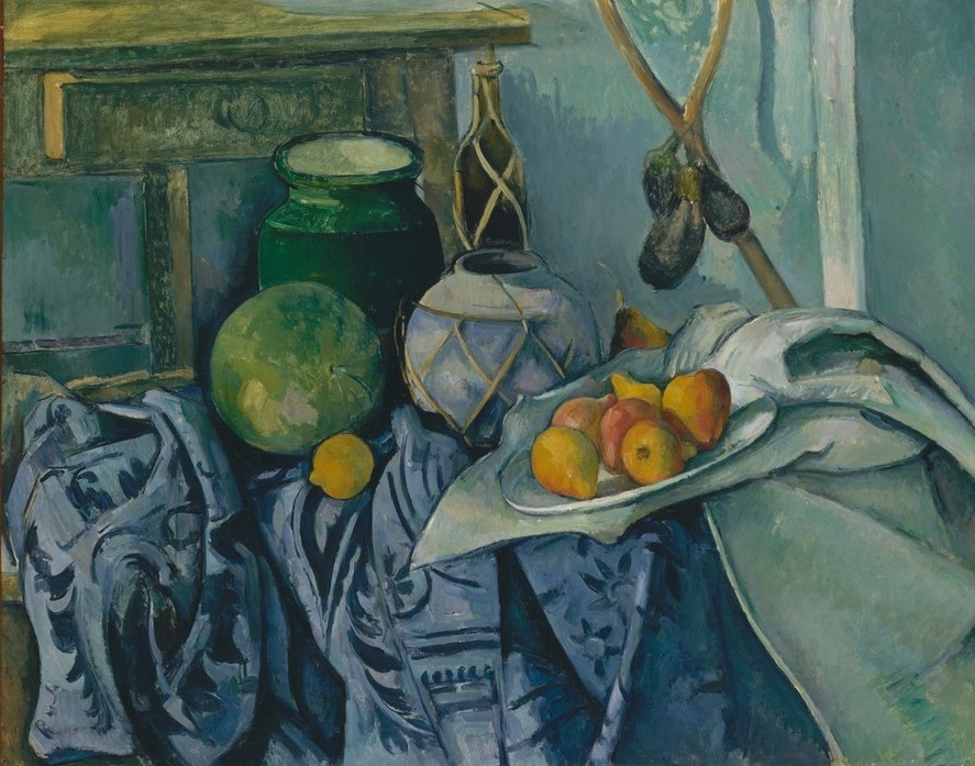 Paul Cézanne, Stillleben mit Ingwerglas und Auberginen (Stillleben,Zitrone,Ingwer,Ingwertopf,Tuch,Aubergine)
