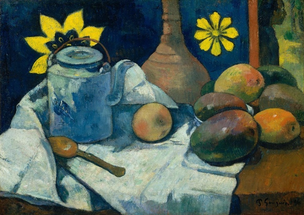 Paul Gauguin, Stillleben mit Teekanne und Obst (Stillleben, weißes  Tischtuch, Obst, Teekanne, exotisch, Wunschgröße, Klassische Moderne, Impressionismus, Malerei, Wohnzimmer, Esszimmer, bunt)