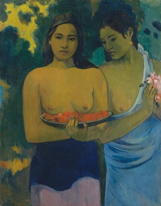 Paul Gauguin, Zwei tahitische Frauen (Südsee, junge Frauen, Ureinwohner, Gesellschaft, Nacktheit, exotisch, Landschaft,  Wunschgröße, Klassische Moderne, Impressionismus, Malerei,  Wohnzimmer,  bunt)