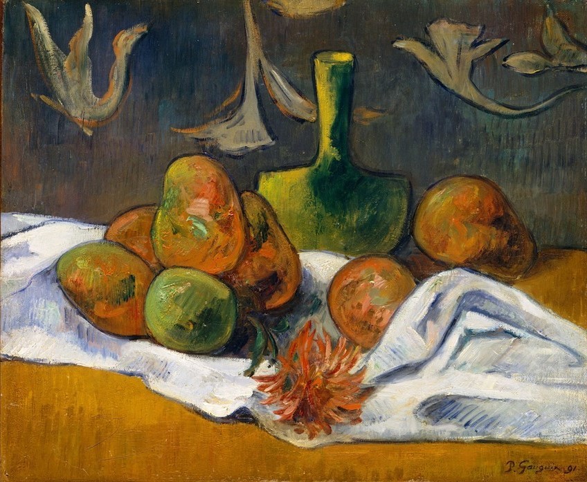 Paul Gauguin, Stillleben (Stillleben, Obst, Vase, weißes Tischtuch, Wunschgröße, Klassische Moderne, Impressionismus, Malerei,  Wohnzimmer, Esszimmer, bunt)