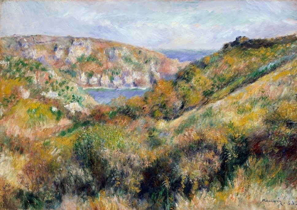 Pierre-Auguste Renoir, Hügel um die Bucht von Moulin Huet, Guernsey (Landschaft,Wiese,Felsen,Hügel,Klippe)