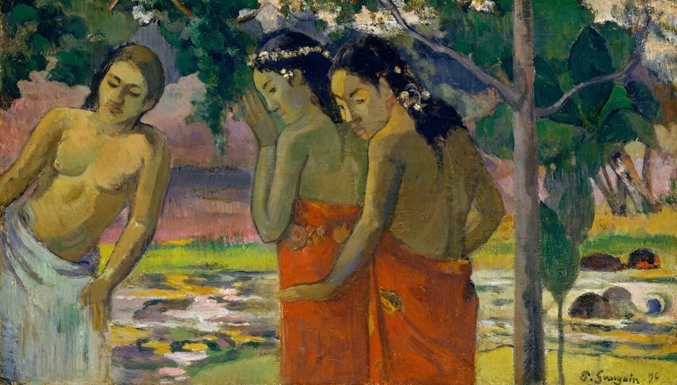 Paul Gauguin, Trois femmes tahitiennes (Südsee, junge Frauen, Ureinwohner, Gesellschaft, Nacktheit, exotisch, Landschaft,  Wunschgröße, Klassische Moderne, Impressionismus, Malerei,  Wohnzimmer,  bunt)