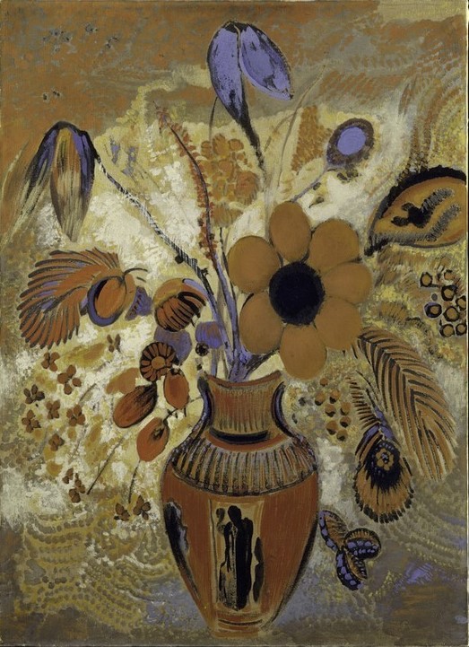 Odilon Redon, Etruscan Vase with Flowers (Postimpressionismus, Stillleben, Blumenvase, Blüten, Blumen, floral, klassische Moderne, Malerei, Wohnzimmer, Esszimmer, Treppenhaus, Wunschgröße, bunt)