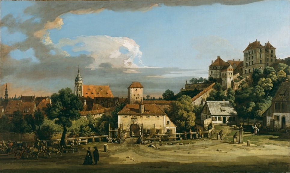 Bernardo Bellotto, Pirna: The Obertor from the South (Deutschland, Sachsen, Stadt, Gebäude, Architektur, Vedute, historisch, Rokoko, Malerei, Wohnzimmer, Wunschgröße, Klassiker, bunt)