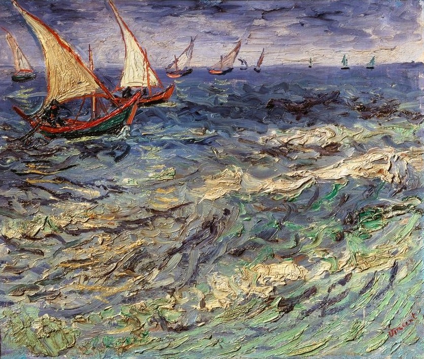 Vincent van Gogh, Fischerboote bei Saintes-Maries (Boot,Landschaft,Fischerboot,Meer,Impressionismus,Segelboot,Niederländische Kunst,Welle,Schifffahrt)